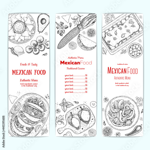 Mexican food design template. Vertical banners set. Mexican food cafe menu. Vector illustration. Engraved style