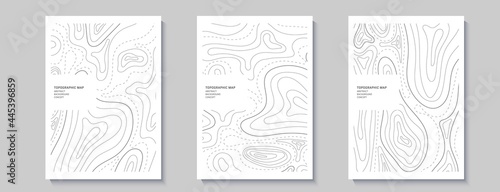 Set of topography flyers. Outline cartography landscape. Collection of three banners with topography relief map. Modern cover design with wavy lines. Vector illustration with weather outline pattern
