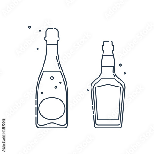 Bottle champagne whiskey line art in flat style. Restaurant alcoholic illustration for celebration design. Design contour element. Beverage outline icon. Isolated on white background in graphic style