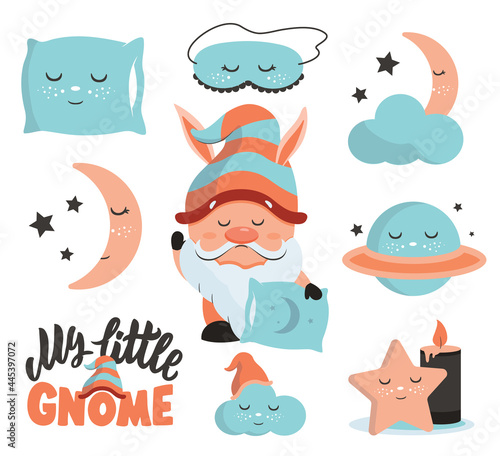 The set of sleep stickers with gnome, text, planet, stars and pillow