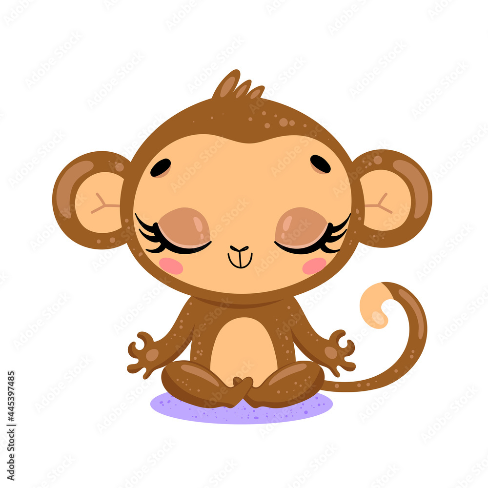 Obraz premium flat cute cartoon doodle monkey meditation. Tropical jungle safari animals meditate. Animals yoga