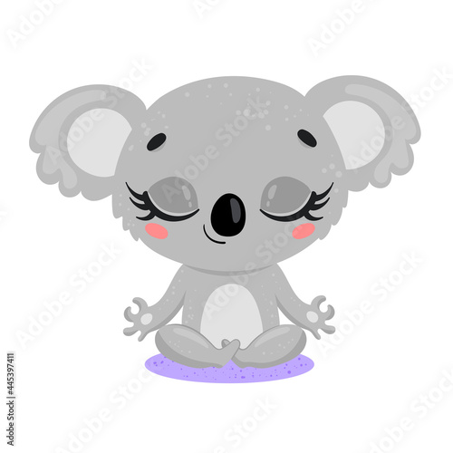 Vector flat cute cartoon doodle koala meditation. Tropical jungle safari animals meditate. Animals yoga