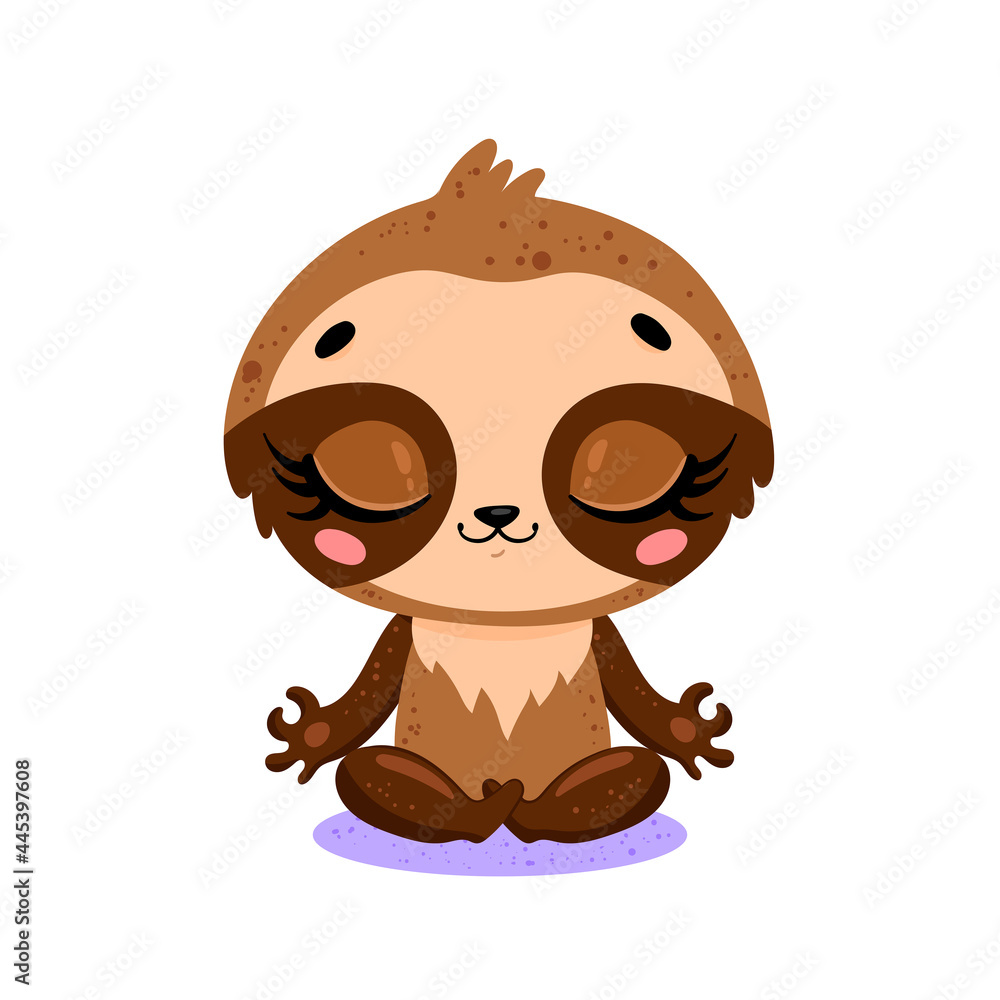 Fototapeta premium Vector flat cute cartoon doodle sloth meditation. Tropical jungle safari animals meditate. Animals yoga