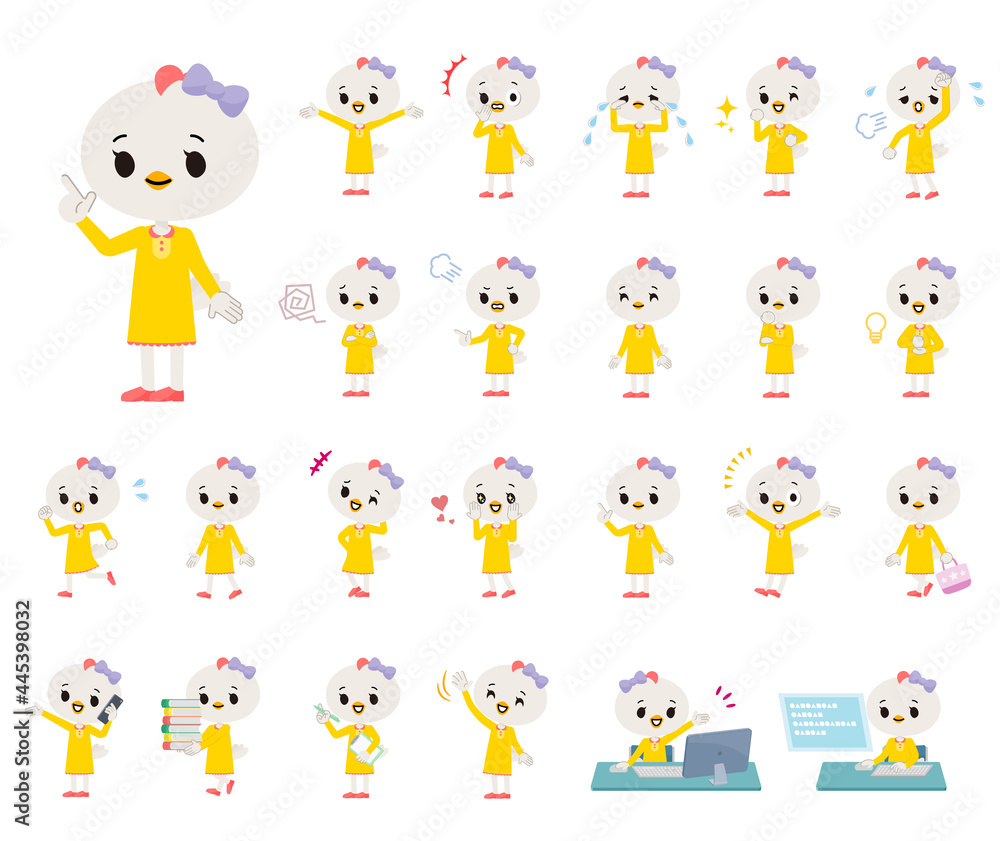 様々な感情表現をするトリの女の子のセット 様々な感情表現をするトリの女の子のセット