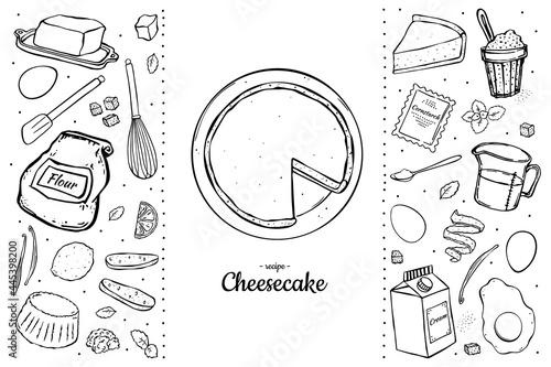 Illustration set cheesecake and ingredients for cooking isolated on white background.