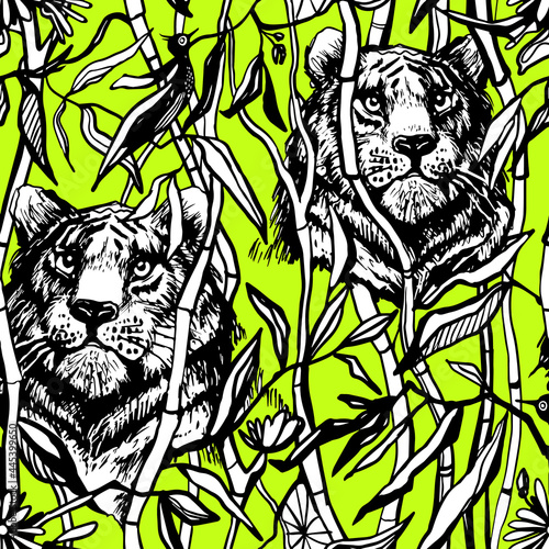 Tiger and lion seamless pattern. Exotic jungle green background with drawn tropical bamboo leaves and trees. Black line art vector illustration. Trendy tigers and lions print