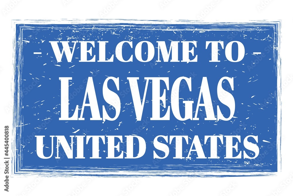 WELCOME TO LAS VEGAS - UNITED STATES, words written on light blue stamp