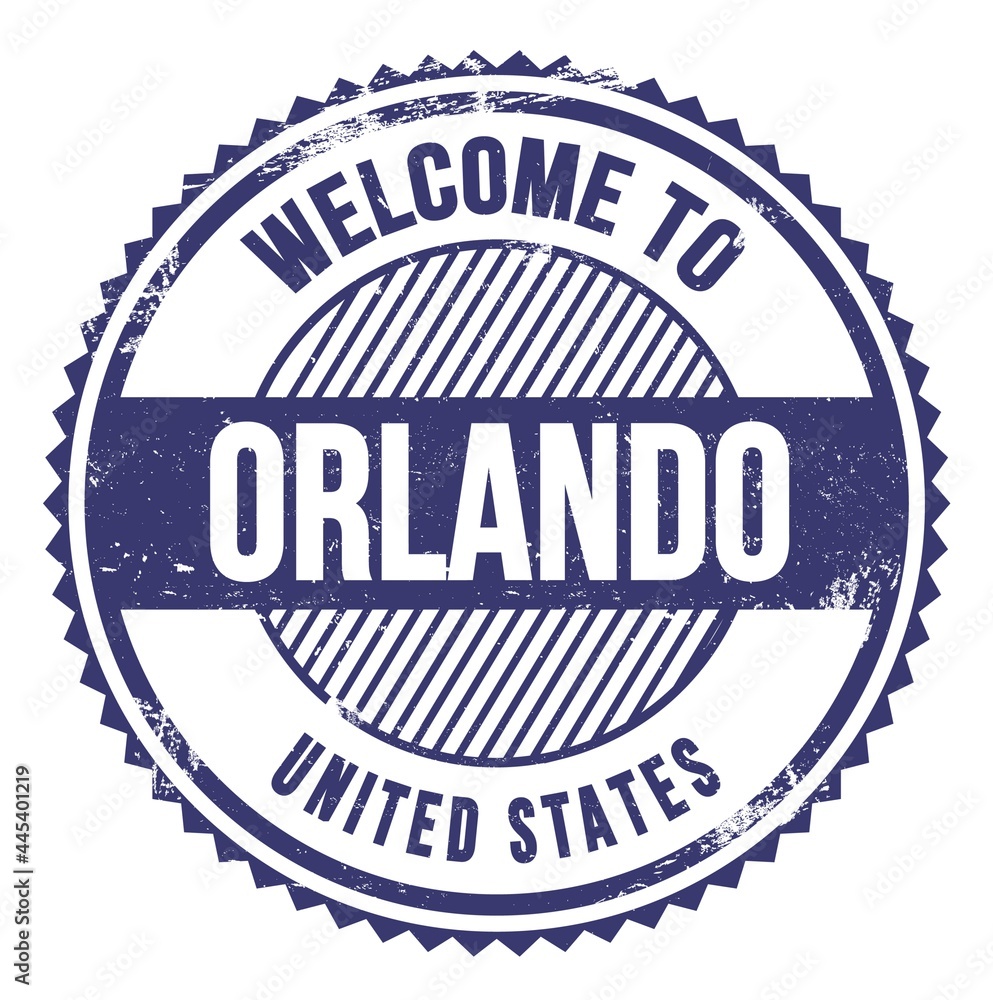 WELCOME TO ORLANDO - UNITED STATES, words written on blue stamp WELCOME TO ORLANDO - UNITED STATES, words written on blue stamp