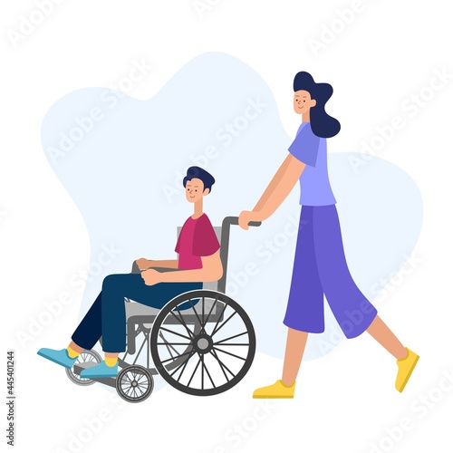 Vector illustration of people with disabilities in a cartoon style. A disabled man in a wheelchair with an accompanying woman on a white background.