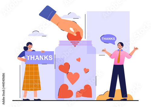 Support concept. Man and a woman throw their thanks into a jar. A large hand holds a heart. Metaphor for charity and social assistance. Cartoon flat vector illustration isolated on a white background