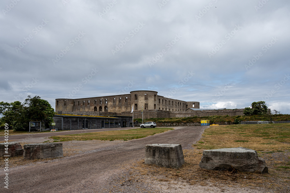 An old castle with a dramatic sky in the background. Borgholm castle ruins on the Baltic Sea island Oland