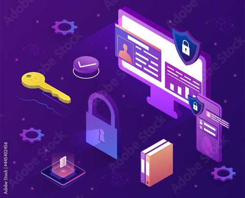 Personal data security concept. A computer and a phone with protected personal data. Metaphor for protecting personal information on the Internet. Isometric vector illustration on a purple background