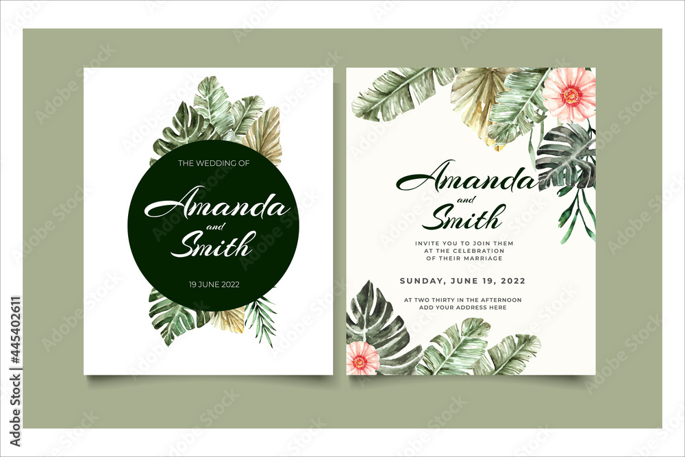 Beautiful watercolor tropical leaf wedding invitation 