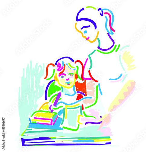 Pretty mom carefully accompany. Mother carefully accompany sweet little daughter study.