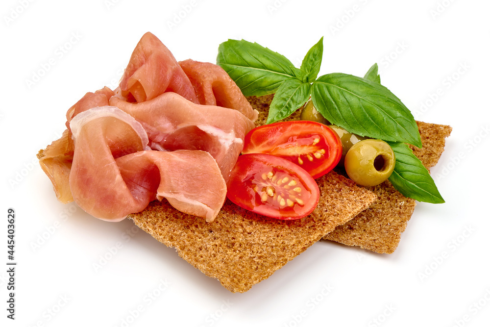 Jamon sandwich, Spanish pinchos, isolated on white background. High resolution image. Jamon sandwich, Spanish pinchos, isolated on white background. High resolution image.