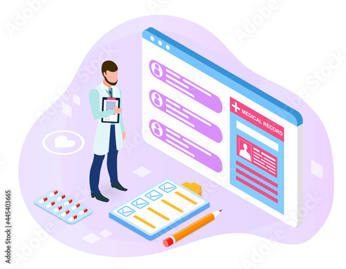 Study of the patients case. Doctor stands next to the medical card of patients, reads complaints and symptoms, makes a final diagnosis. Cartoon isometric vector illustration on a white background