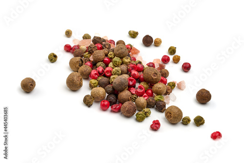 Peppercorn mix with himalayan salt, cooking spices, isolated on a white background. High resolution image.