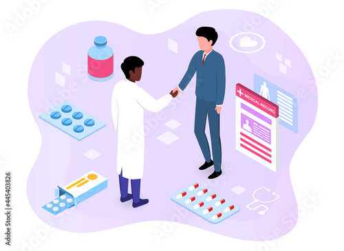 Doctor advises the patient concept. The patient shakes the therapist s hand as a sign of gratitude for the treatment of the disease. The health insurance system. Cartoon isometric vector illustration