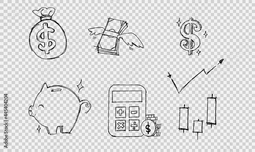 Investment icon hand drawing style, pencil stroke,money bag,money notes flying,dollar symbol,piggy bank calculator,cash,coin,candlestick,cryptocurrency isolated on png, transparent  background,vector
