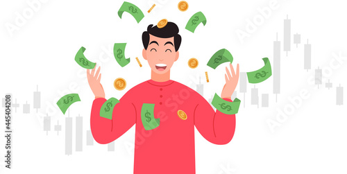 Happy man with falling cash and coin, Trading stocks market get profits,Candlestick graph,Cryptocurrency , young men  investing concepts,internet earning income study, winning plenty of money,vector