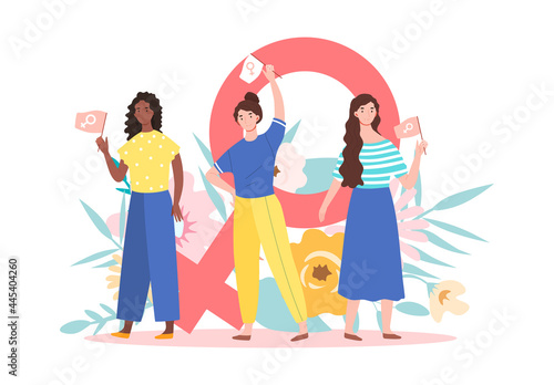 The concept of feminism. Three women hold flags in their hands against the background of a female gender sign. Equal rights for women and men. Cartoon flat vector illustration on a white background