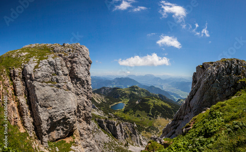 Panorama view of lake Zireiner See, Rofan mountains in Tyrol, Austria