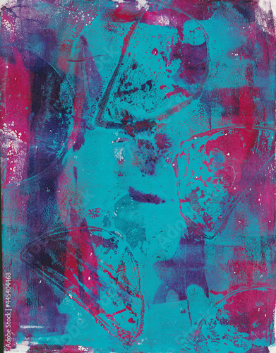 Abstract painted background in blue turquoise and pink, monoprinting, painting