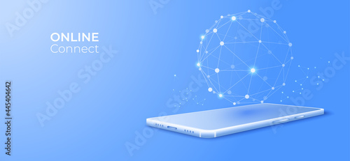 Network connected with line on 3d isometric mobile background. Digital technology concept. Vector art illustration