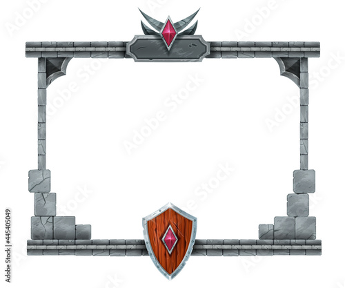 Stone game frame, user interface vector menu panel background, rock medieval border, wooden shield. RPG fantasy design element, ancient Viking window concept on white. UI stone frame, gray bricks