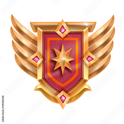 Victory game red badge vector icon, golden winner medal, wings, shield, star crystal isolated on white. Achievement trophy award concept, champion bonus reward congratulation logo. Royal game badge