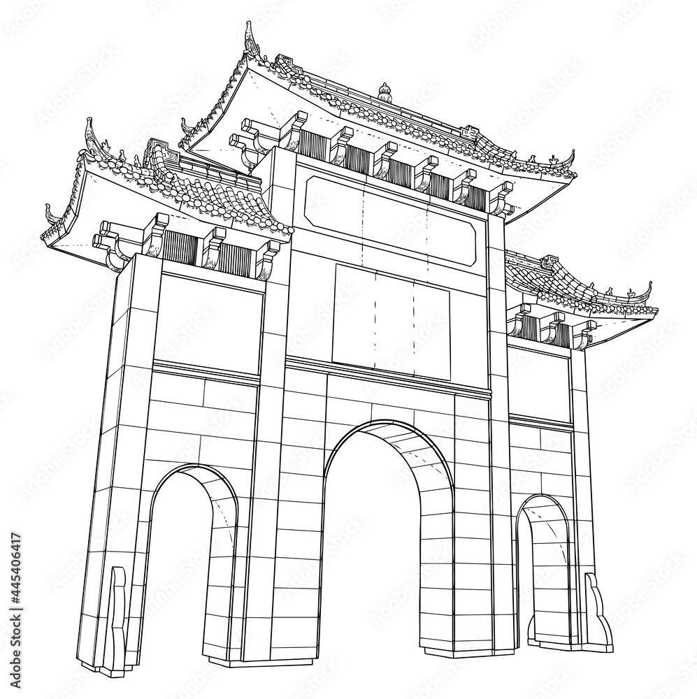 Obraz premium Chinese Archway gates. Travel poster and tourism concept. Gate Arch entrance. Asia or China traditional architecture style. Vector.