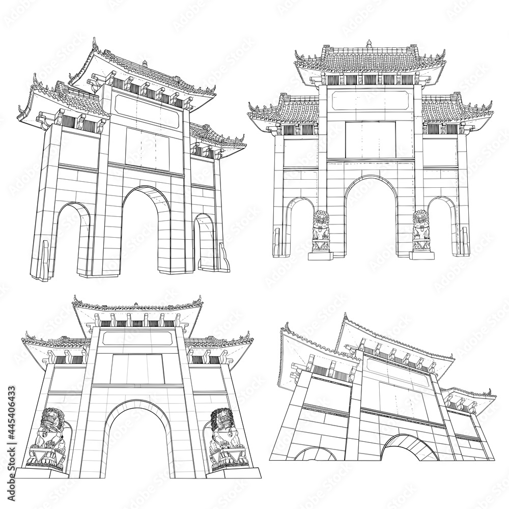 Chinese Archway gates. Travel poster and tourism concept. Gate Arch entrance. Asia or China traditional architecture style. Vector.