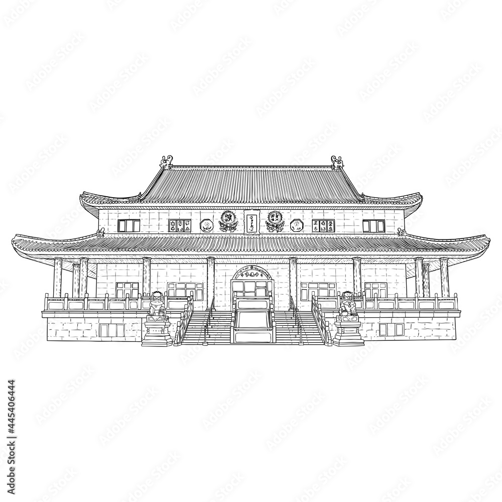 Chinese temple or Buddhist monastery. Traditional China house of worship. Classic Asian religious building and landmark. Chinese cultural and spiritual architecture. Vector.