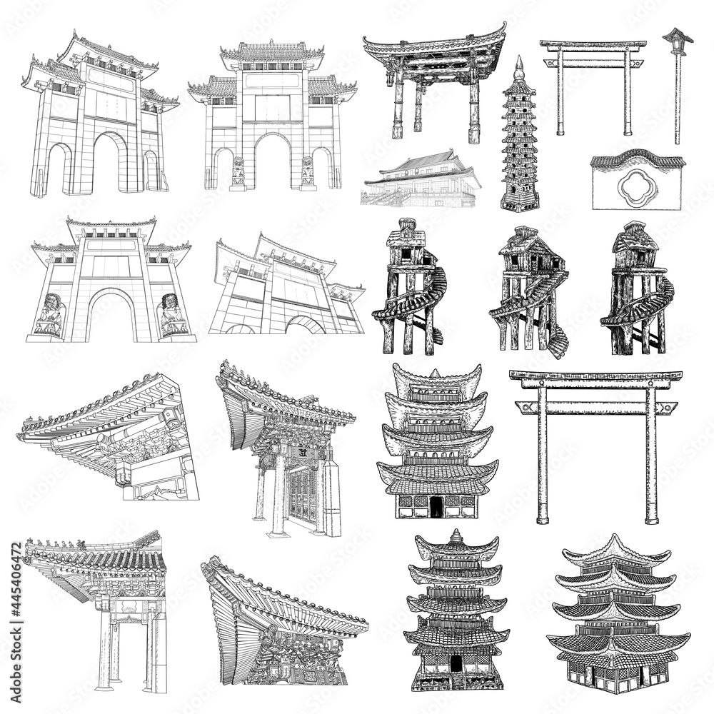 Chinese and Japanese pagoda. Japan street pole lamp. Asian lantern. Archway gates or garden gate arch. Japanese Torii. Temple or Buddhist monastery architecture. Tree house for jungles. Set. Vector.