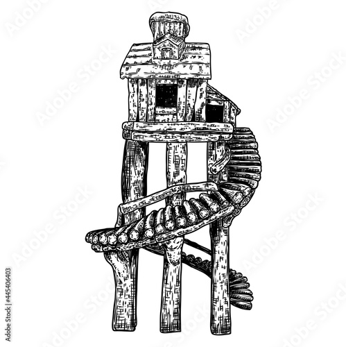 Tree house for living in jungles. Fantasy house on stilts made of wood for living on water. Summer camp vacation kids cabin. Rural bungalow for hunters. Forest shack or booth. Vector.