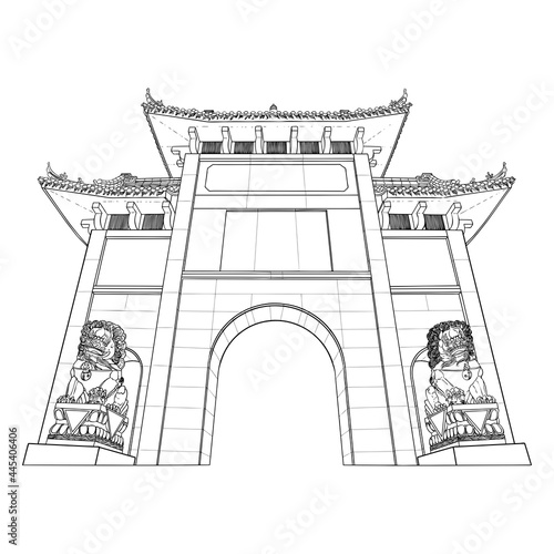 Chinese Archway gates. Travel poster and tourism concept. Gate Arch entrance. Asia or China traditional architecture style. Vector.