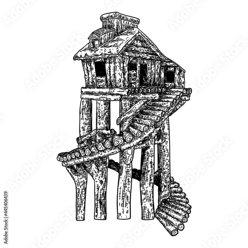 Tree house for living in jungles. Fantasy house on stilts made of wood for living on water. Summer camp vacation kids cabin. Rural bungalow for hunters. Forest shack or booth. Vector.