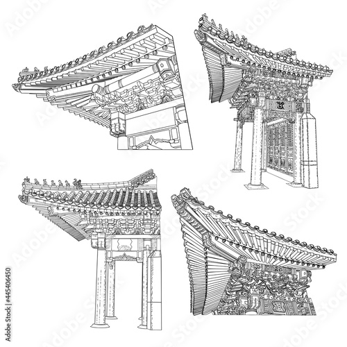 Chinese temple or Buddhist monastery with gates fragment. Traditional China house of worship. Classic Asian religious building and landmark. Chinese cultural and spiritual architecture. Vector.