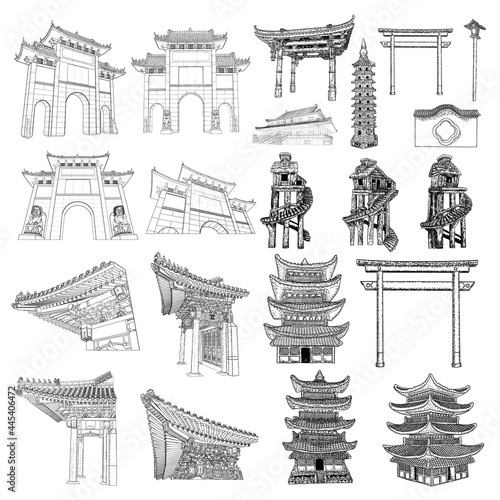 Chinese and Japanese pagoda. Japan street pole lamp. Asian lantern. Archway gates or garden gate arch. Japanese Torii. Temple or Buddhist monastery architecture. Tree house for jungles. Set. Vector.