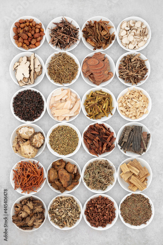 Traditional Chinese herbal medicine large collection with herbs and spices in porcelain bowls on mottled grey background. Alternative natural health care concept.