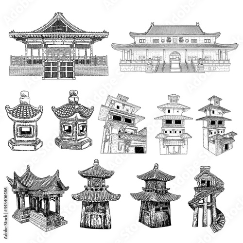 Set of Japanese pagoda, Chinese temple or Buddhist monastery and Tree house on stilts for living in jungles. Japan Toro street lamp lantern.  China religious architecture. Watch towers set. Vector.