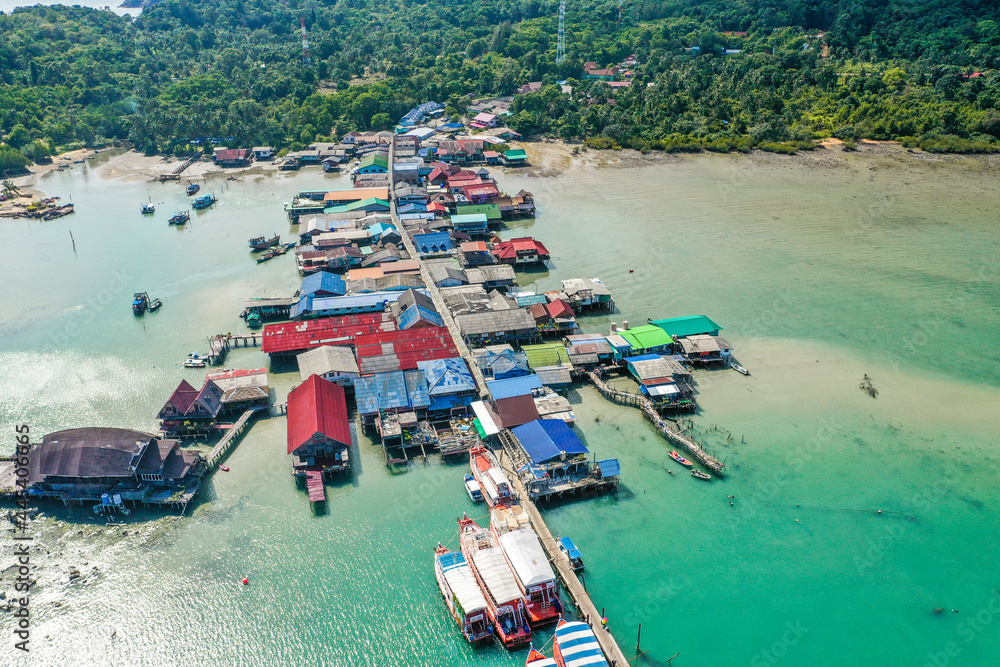 Aerial view of Bang Bao Pier and the lighthouse in koh Chang, Trat, Thailand