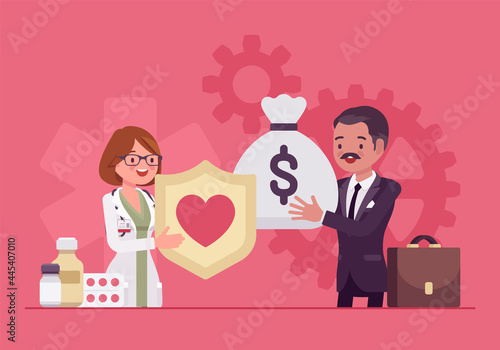Hospital trustee giving money to administrator for financial health, stability. Male member of Board investing, millionaire making donation, contribution and generous sponsorship. Vector illustration