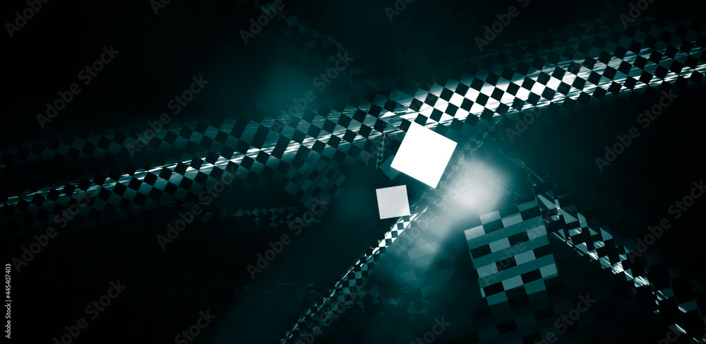 Dark background with metallic shiny elements. The checkered pattern in an emerald-silver palette recalls the theme of the racing flag. There is grain, blur 