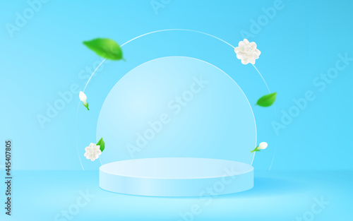 Jasmine flowers with light blue product stage display background vector design