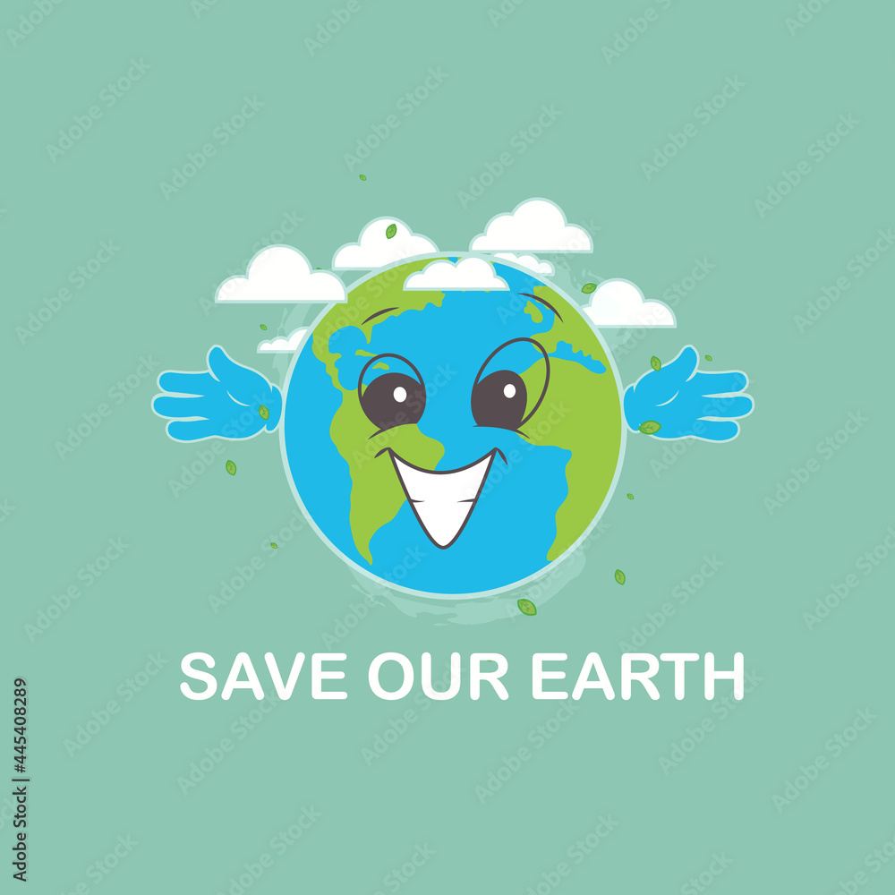 Happy earth day with slogan save our earth cartoon vector illustration on blue background