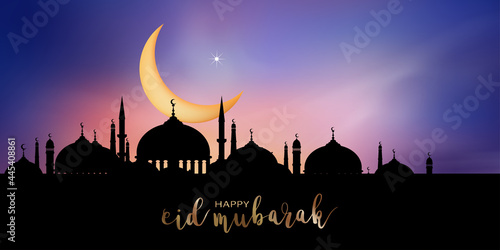 Islamic greeting ramadan kareem card design background with Crescent moon and Mosque on colourful sunset sky background, Background with copy space for celebration of the Muslim community festival