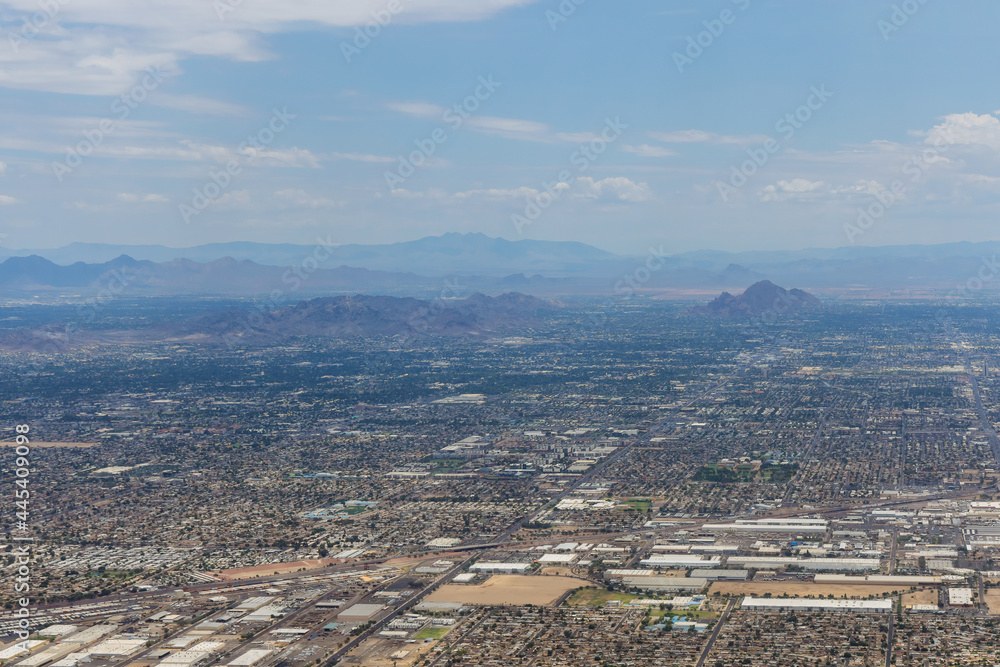 Aerial view of near mountain range peak in Phoenix, Arizona Aerial view of near mountain range peak in Phoenix, Arizona