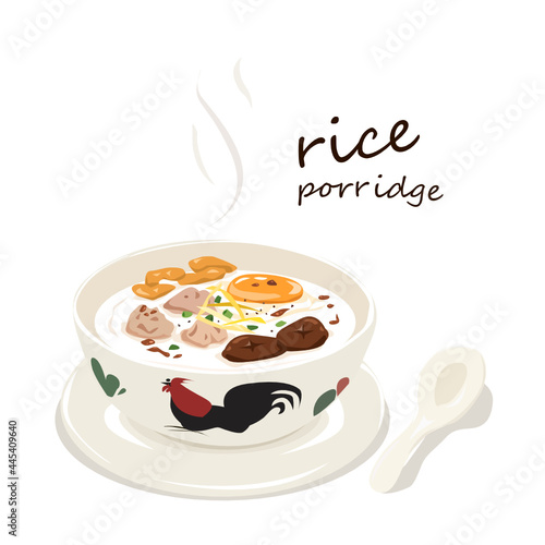 Rice porridge with minced pork, egg, and crispy dough vector illustration on white background.