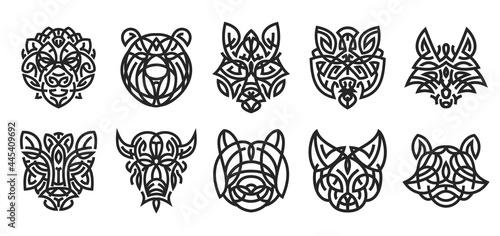 Set of animal head from lines in geometric monochrome style isolated on white color. Bear, bison, panther, panda, cat, lion, fox, wolf, tiger, raccoon. Modern graphic design element. Vector art.